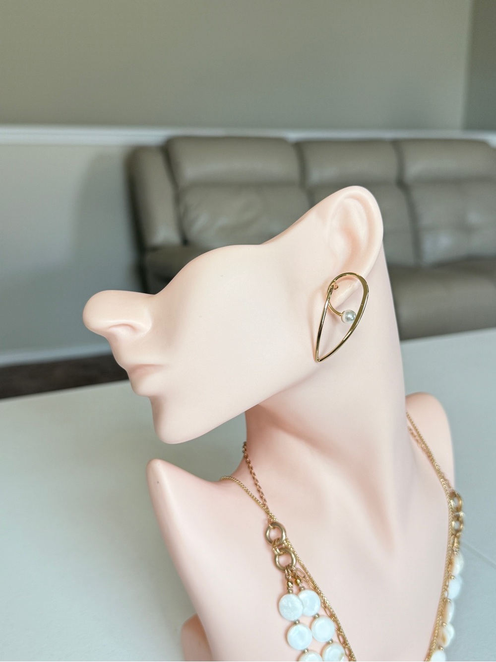Gold Abstract Earrings with Pearl Accent - Women Jewelry